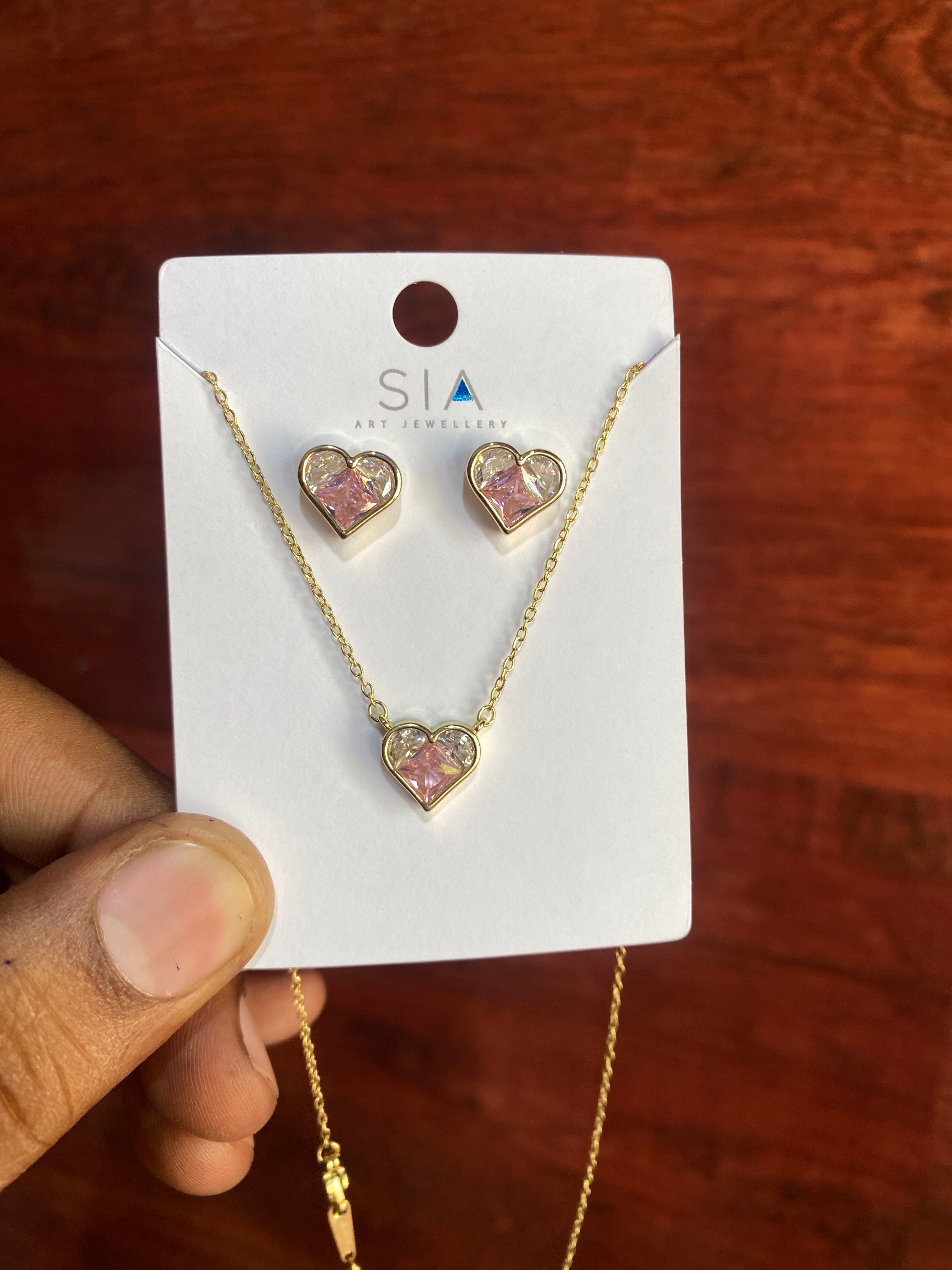 Elegant Pink Crystal Heart Pendant Necklace & Stud Earrings Set for Women | Gold Plated Jewelry