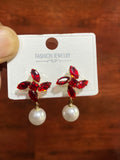 Ruby Red Crystal Flower Pearl Drop Earrings for Women | Elegant Gold-Tone Party & Wedding Earrings