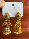 Royal Peacock Pearl Jhumka Earrings with American Diamonds & Green Stones | Gold-Plated Traditional Bridal Earrings for Women