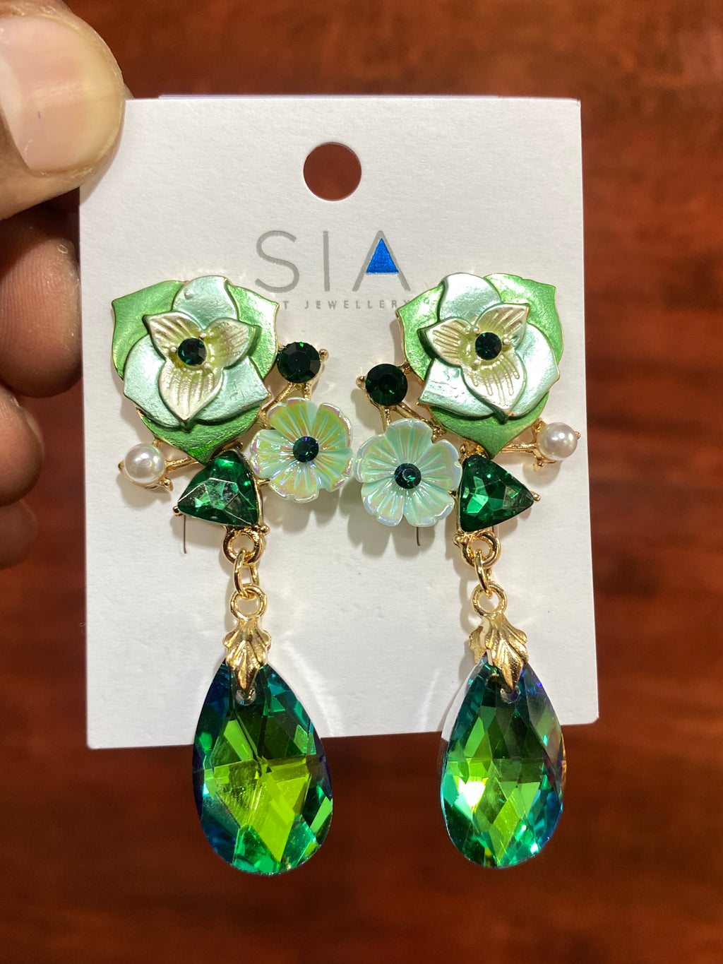 Elegant Green Floral Crystal Drop Earrings for Women | Premium Statement Party Earrings | Gold-Plated Fashion Jewellery