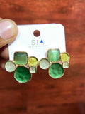 Emerald Mosaic Geometric Stud Earrings – Premium Gold-Tone Statement Earrings for Women