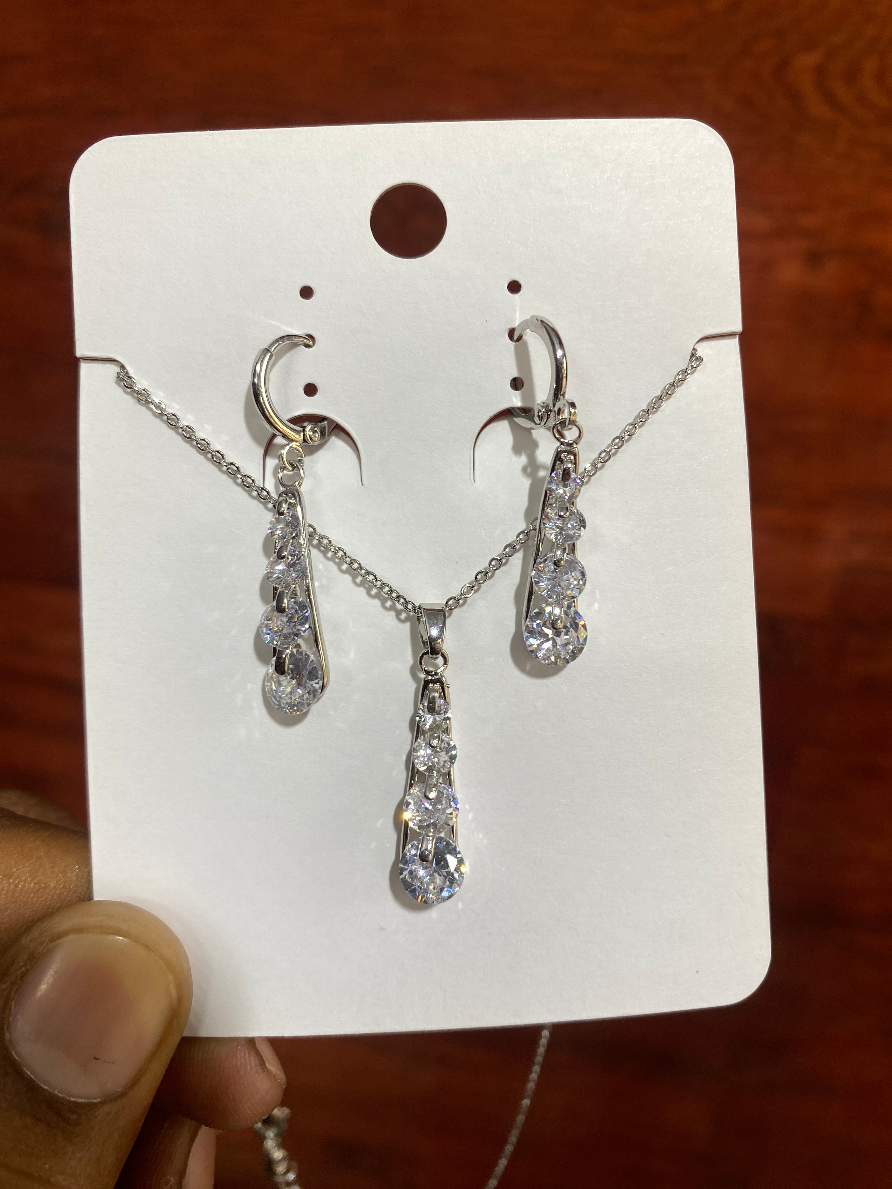 Silver Crystal Drop Pendant Necklace & Dangle Earrings Set for Women | Cubic Zirconia (CZ) Bridal Jewellery Set | Elegant Party Wear Necklace Set