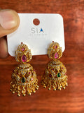 Royal American Diamond Jhumka Earrings with Ruby & Emerald Stones | Gold-Plated Traditional Bridal Earrings for Women