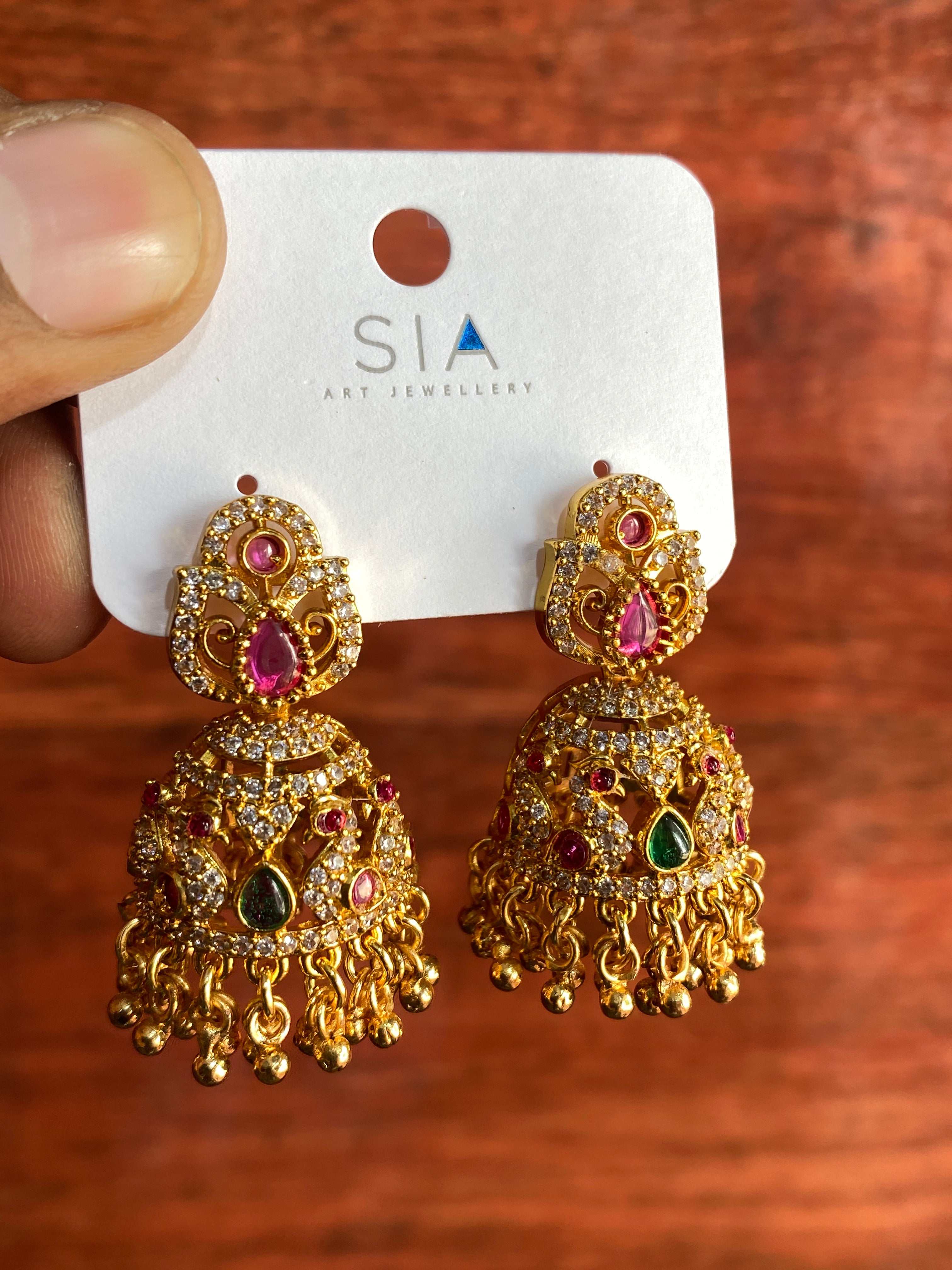 Royal American Diamond Jhumka Earrings with Ruby & Emerald Stones | Gold-Plated Traditional Bridal Earrings for Women