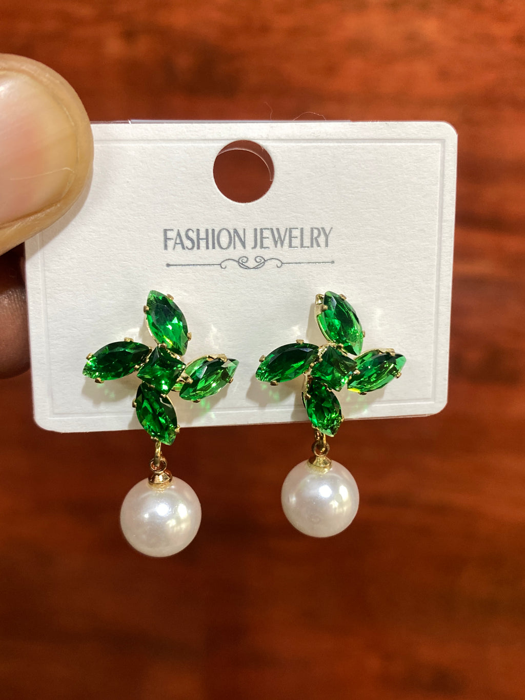 Emerald Green Crystal Floral Pearl Drop Earrings for Women | Elegant Gold-Tone Party & Wedding Earrings