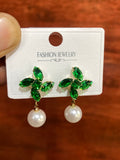 Emerald Green Crystal Floral Pearl Drop Earrings for Women | Elegant Gold-Tone Party & Wedding Earrings