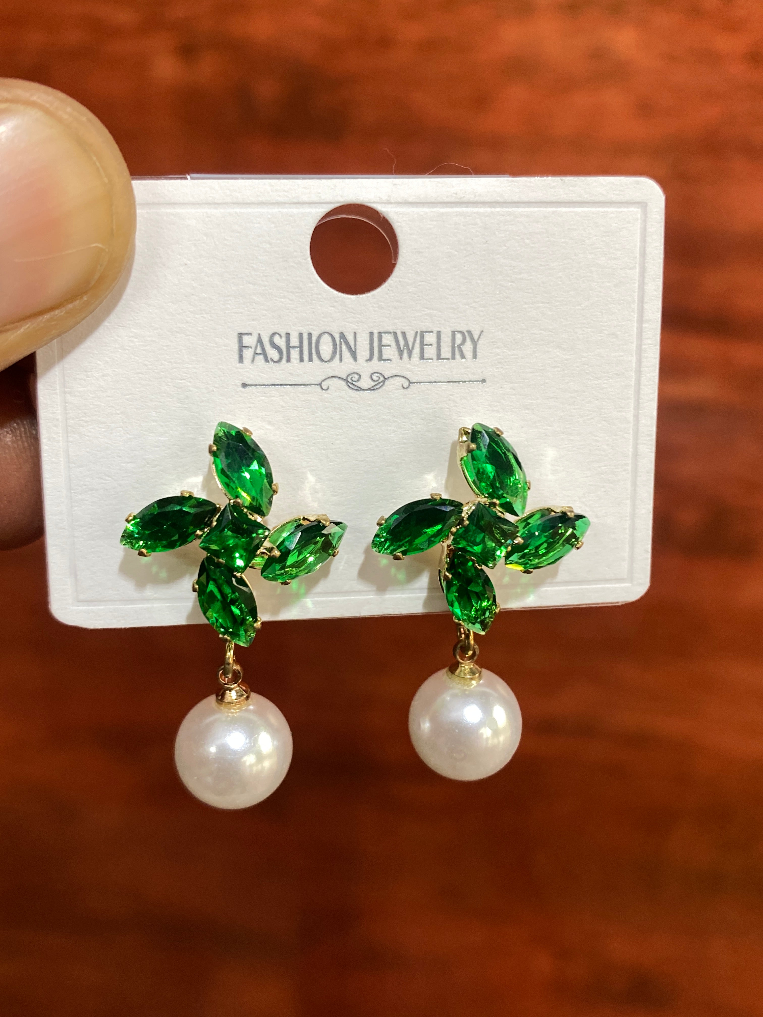 Emerald Green Crystal Floral Pearl Drop Earrings for Women | Elegant Gold-Tone Party & Wedding Earrings
