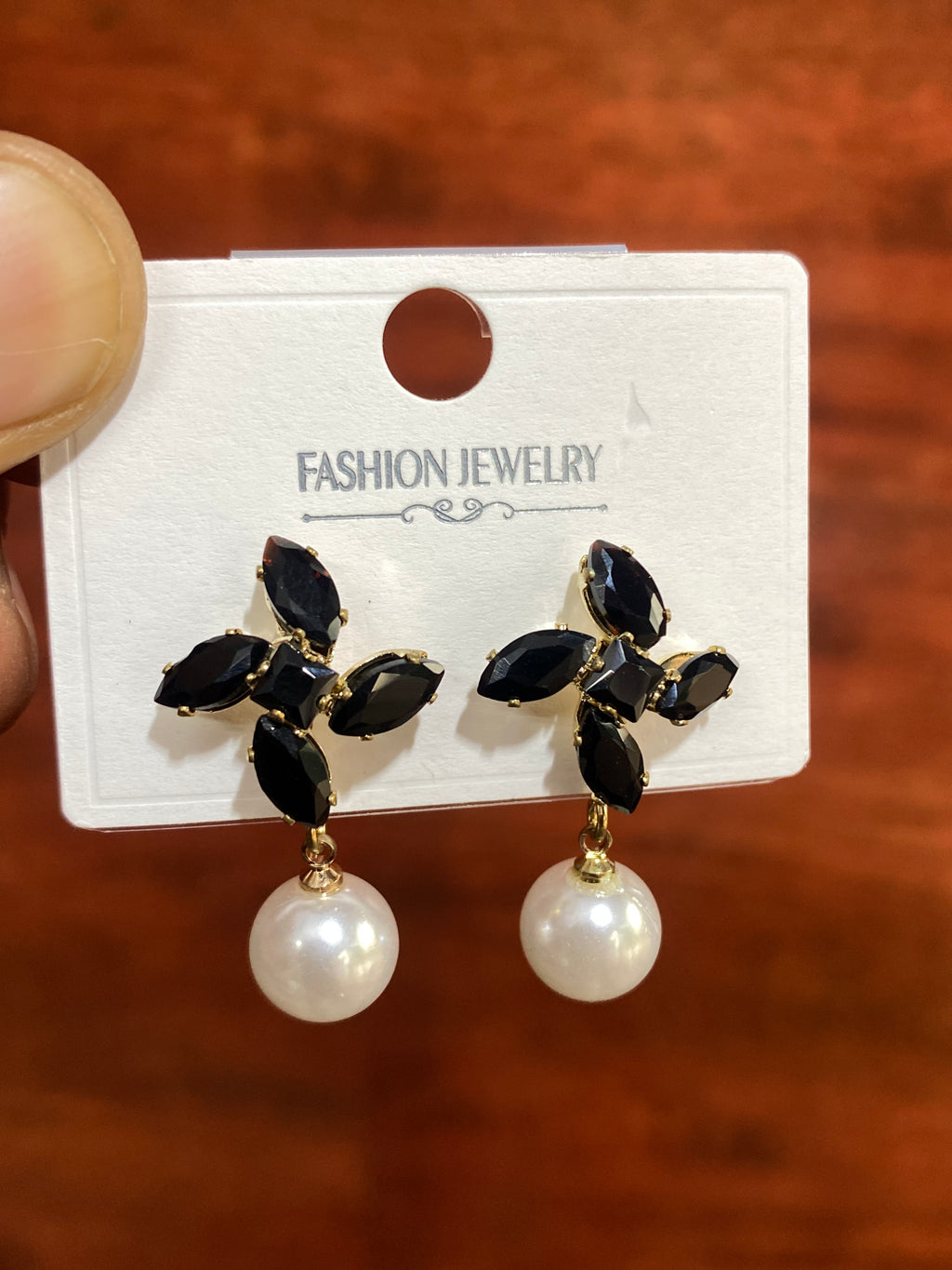 Black Crystal Flower Pearl Drop Earrings for Women | Elegant Gold-Tone Party, Wedding & Festive Earrings
