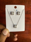 Silver-Tone Princess Cut Crystal Pendant Necklace & Stud Earrings Set for Women | Elegant Square Halo Jewellery Set
