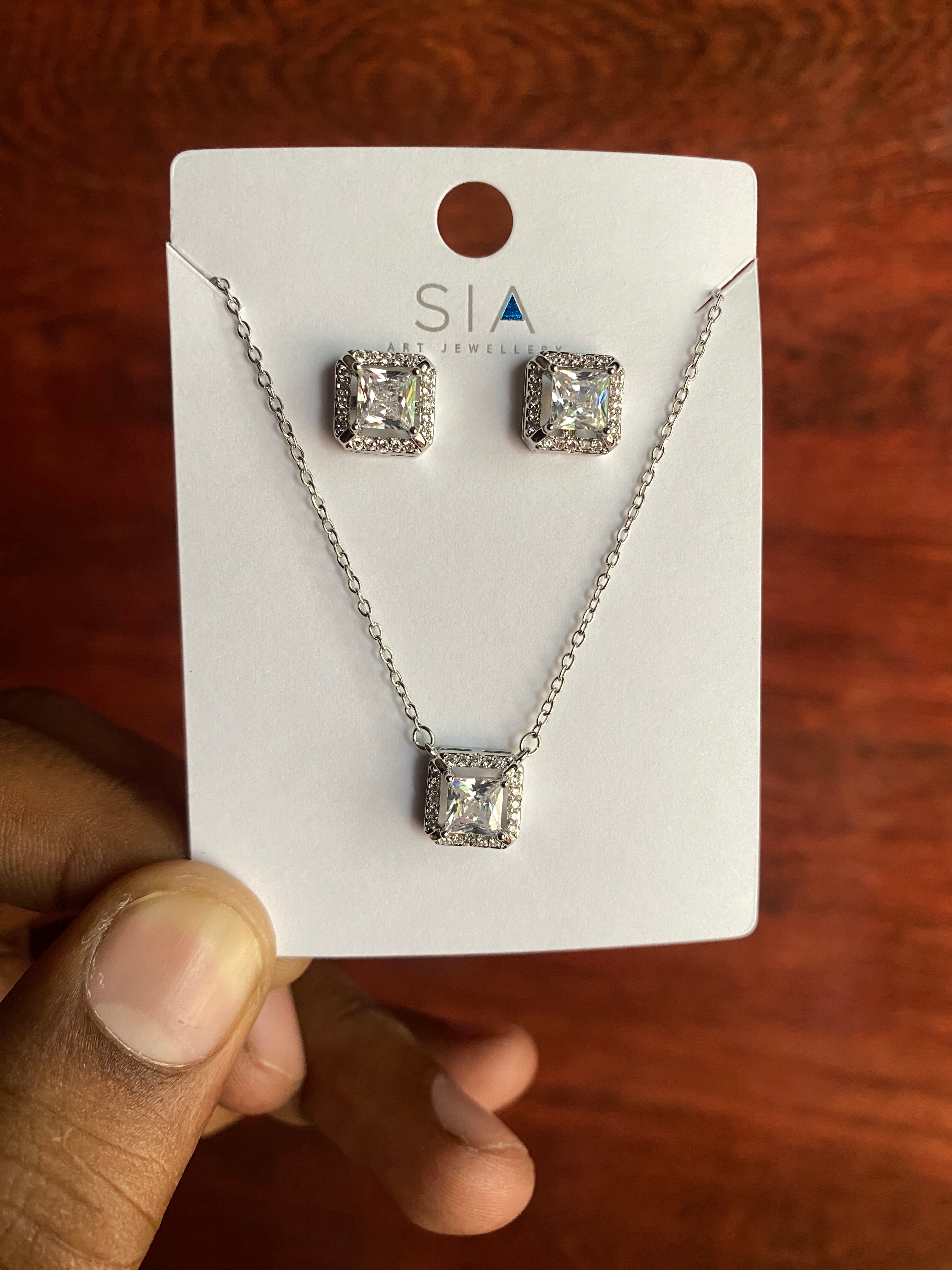 Silver-Tone Princess Cut Crystal Pendant Necklace & Stud Earrings Set for Women | Elegant Square Halo Jewellery Set