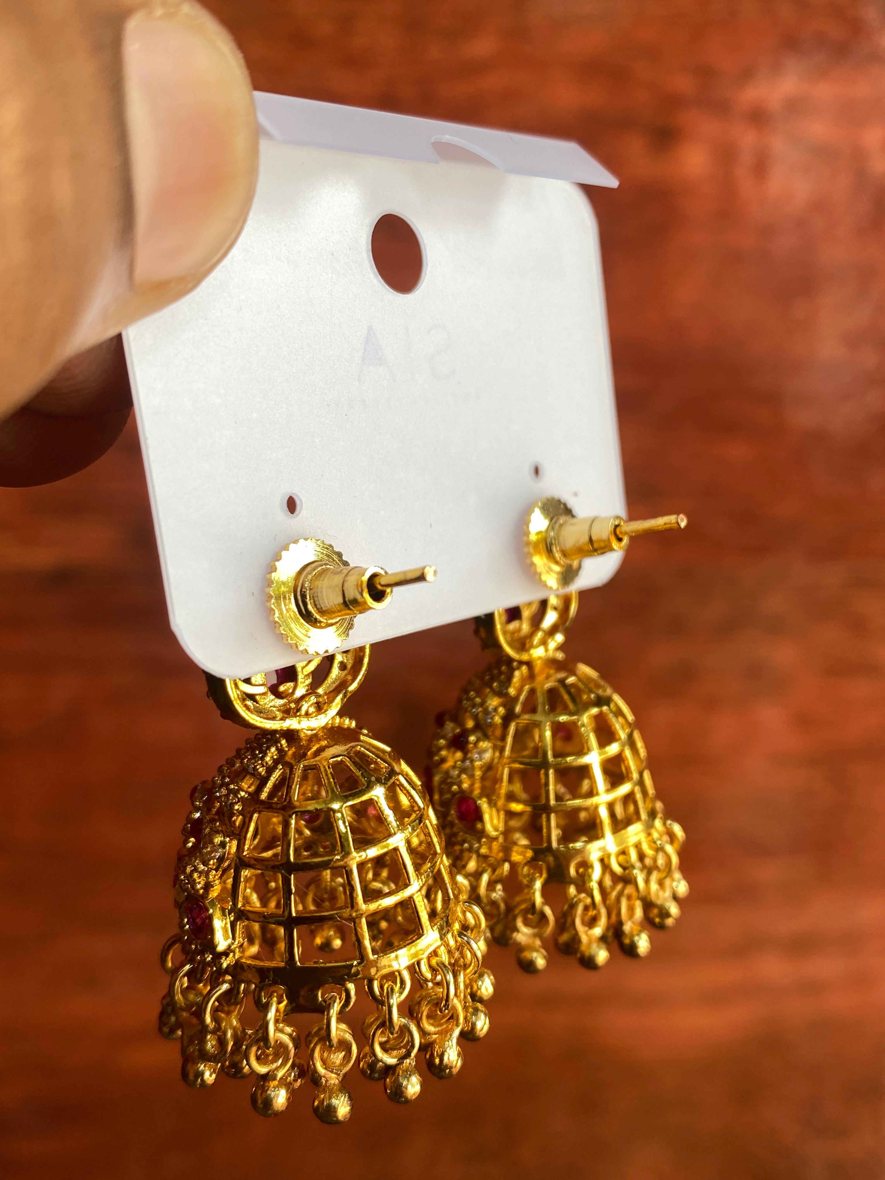 Royal American Diamond Jhumka Earrings with Ruby & Emerald Stones | Gold-Plated Traditional Bridal Earrings for Women