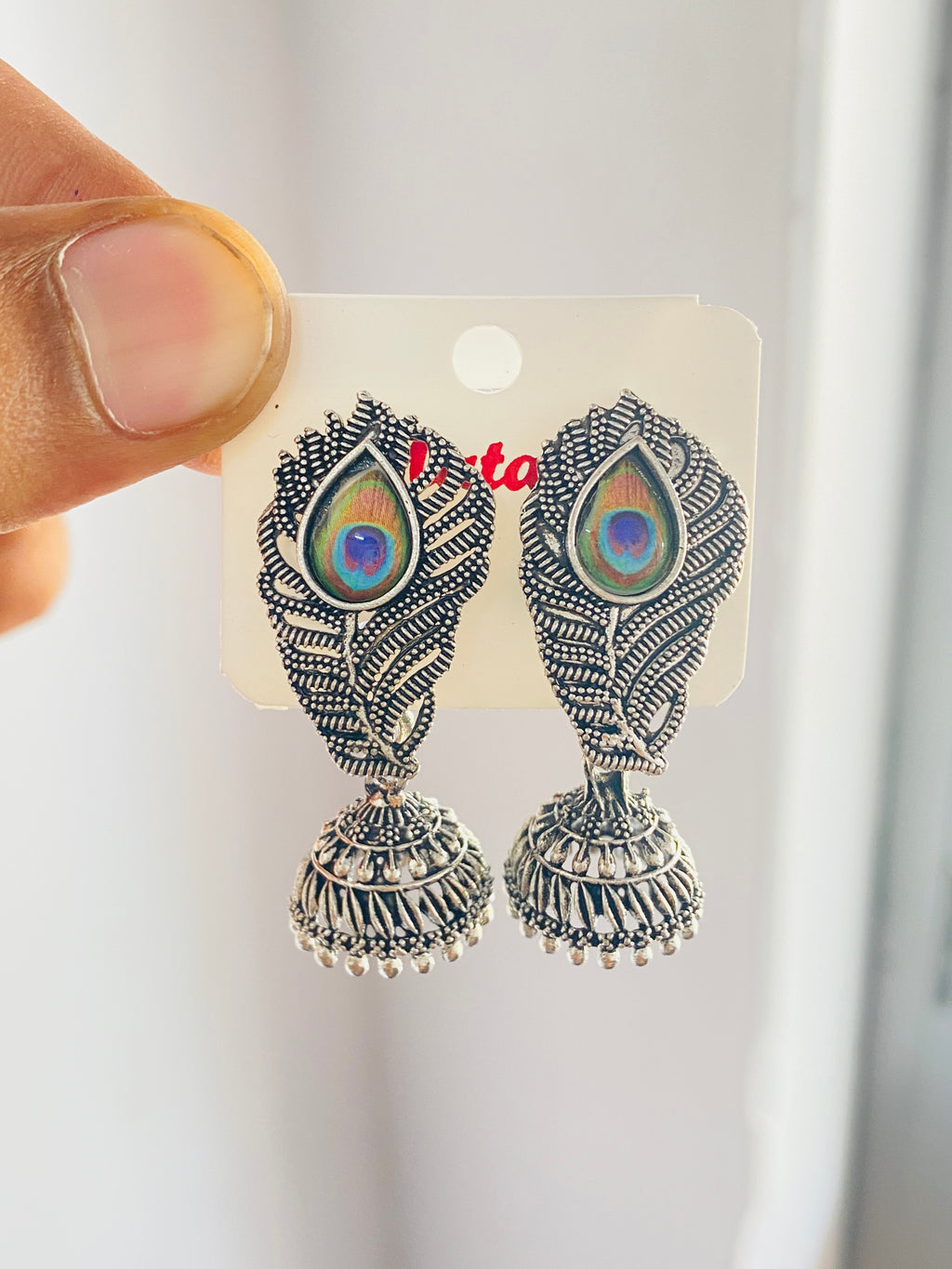 🦚✨ Peacock Feather Leaf Jhumka Earrings – Oxidised Silver Ethnic Indian Earrings