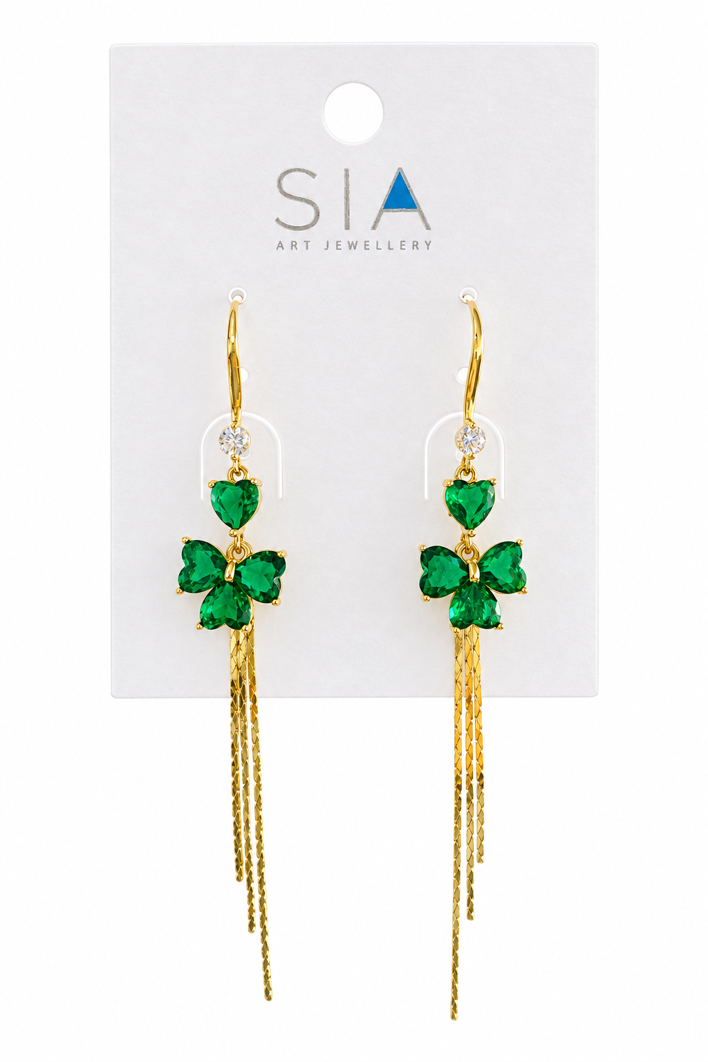 Green Heart CZ Gold Tassel Earrings – White Background