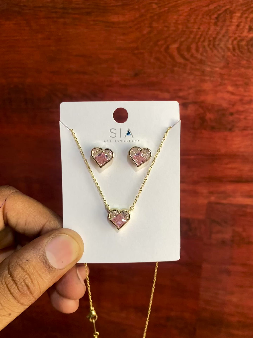 Elegant Pink Crystal Heart Pendant Necklace & Stud Earrings Set for Women | Gold Plated Jewelry