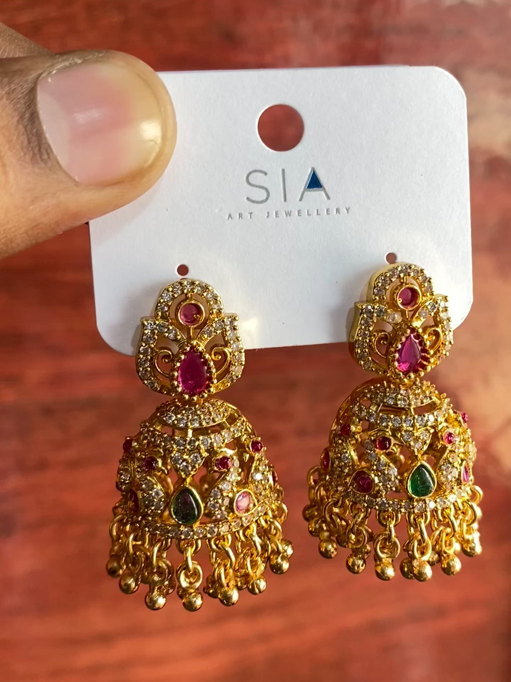Royal American Diamond Jhumka Earrings with Ruby & Emerald Stones | Gold-Plated Traditional Bridal Earrings for Women