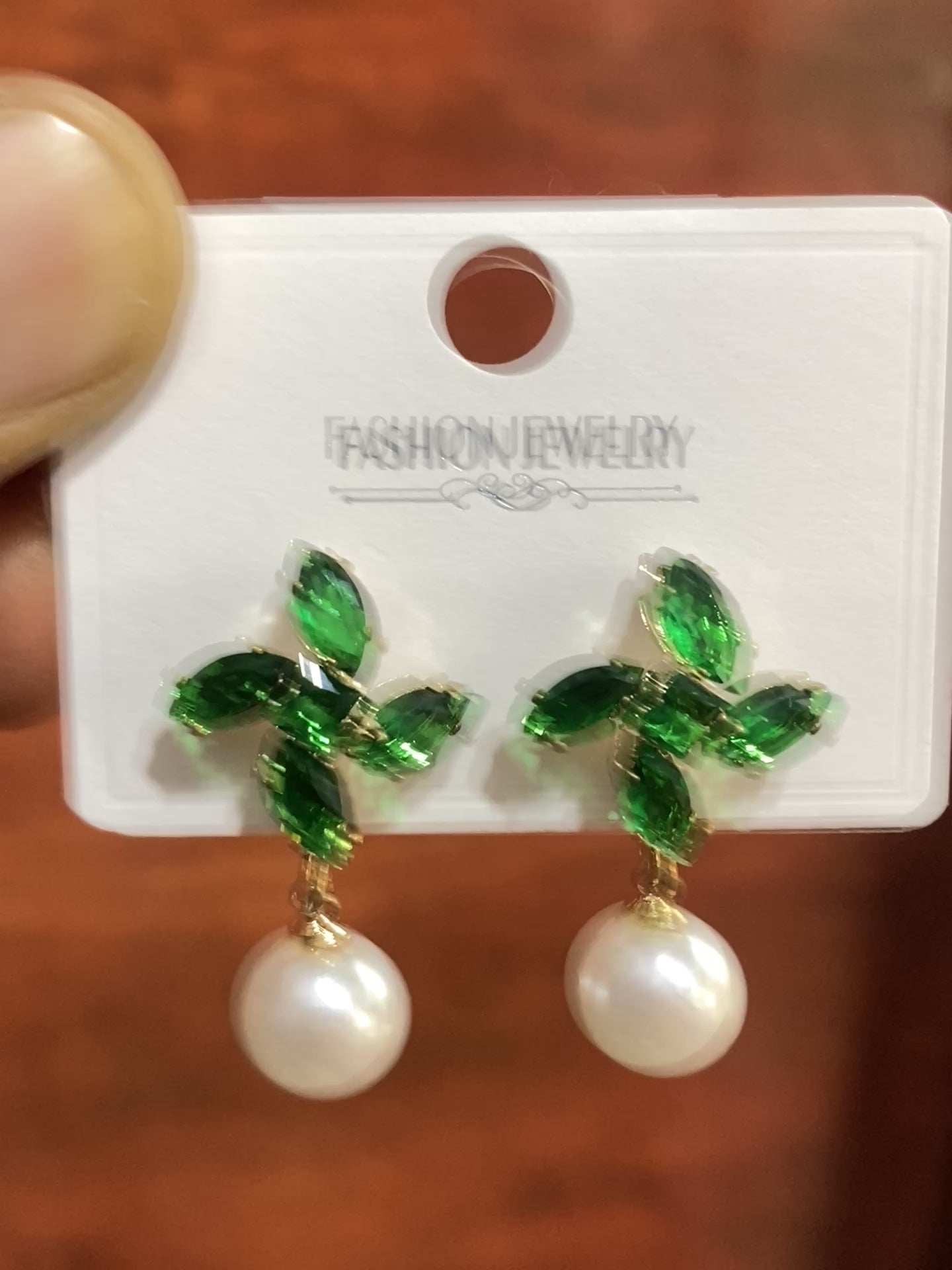 Emerald Green Crystal Floral Pearl Drop Earrings for Women | Elegant Gold-Tone Party & Wedding Earrings