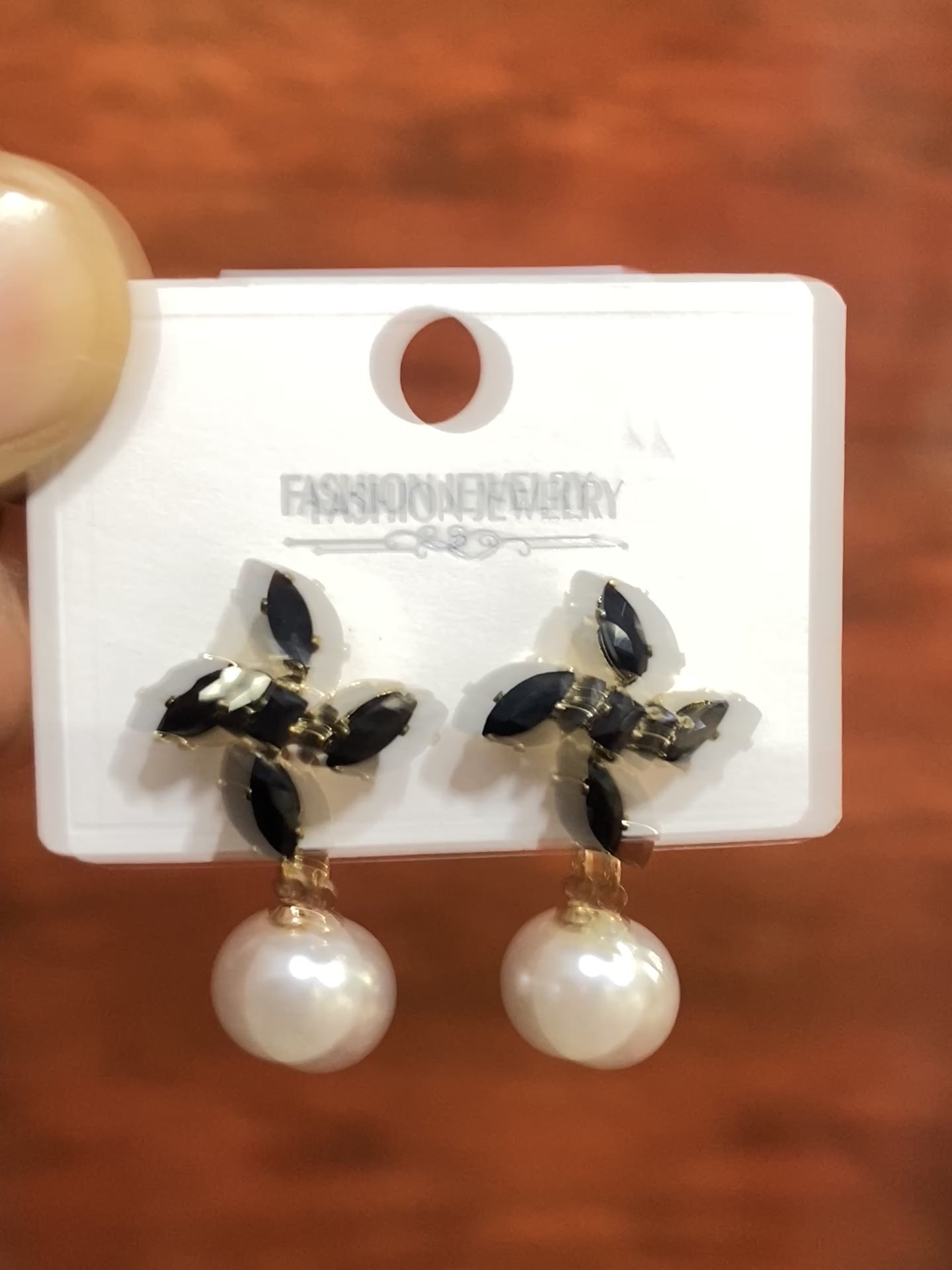 Black Crystal Flower Pearl Drop Earrings for Women | Elegant Gold-Tone Party, Wedding & Festive Earrings