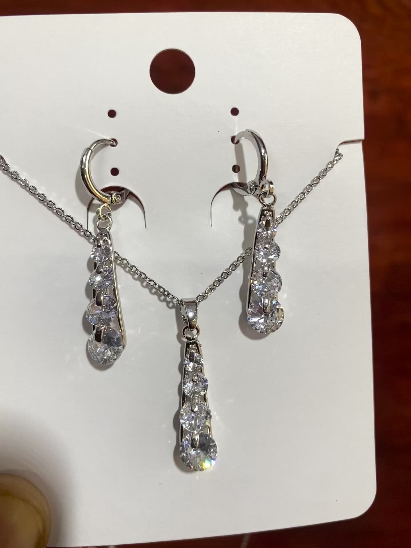 Silver Crystal Drop Pendant Necklace & Dangle Earrings Set for Women | Cubic Zirconia (CZ) Bridal Jewellery Set | Elegant Party Wear Necklace Set
