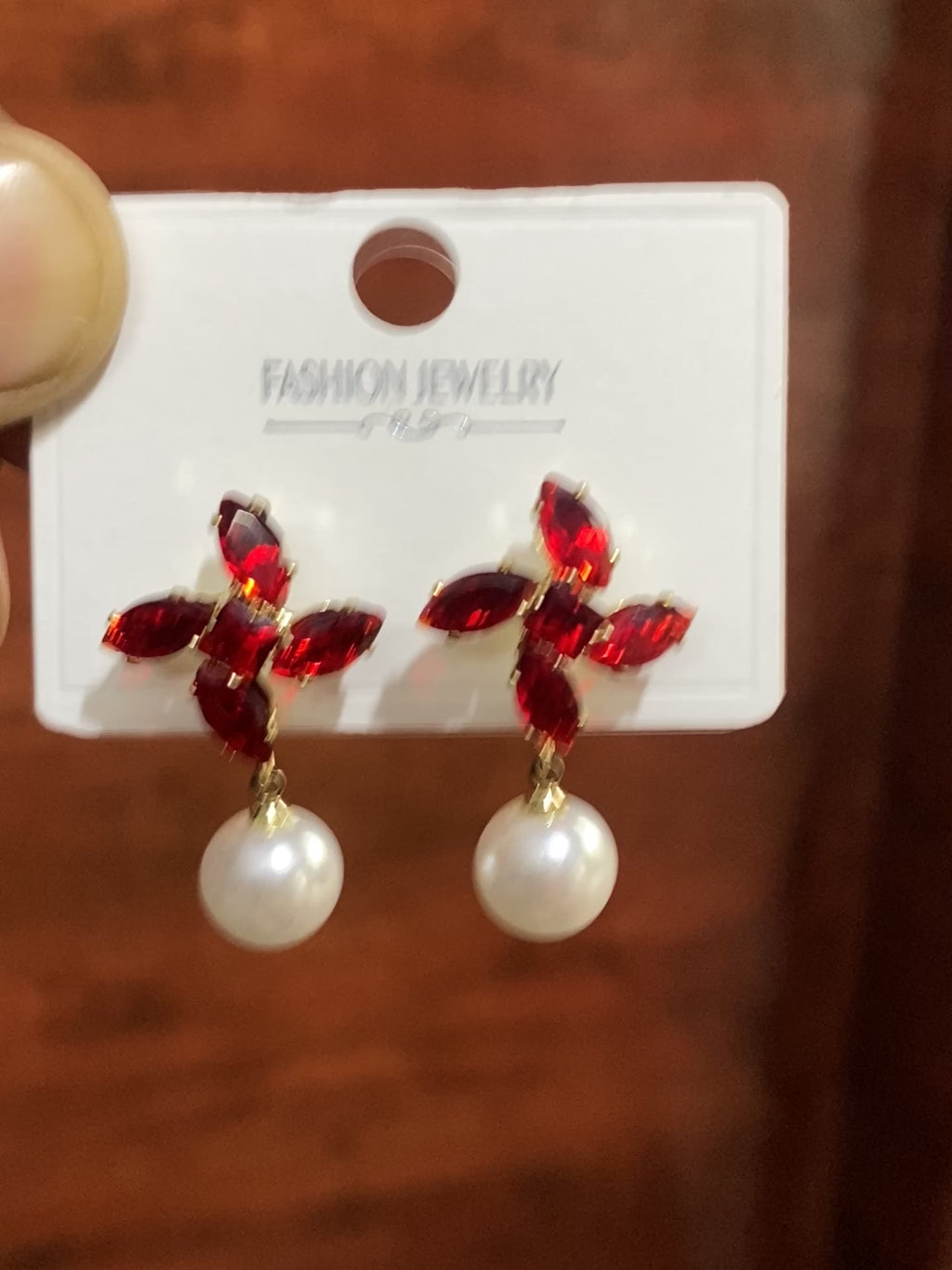 Ruby Red Crystal Flower Pearl Drop Earrings for Women | Elegant Gold-Tone Party & Wedding Earrings