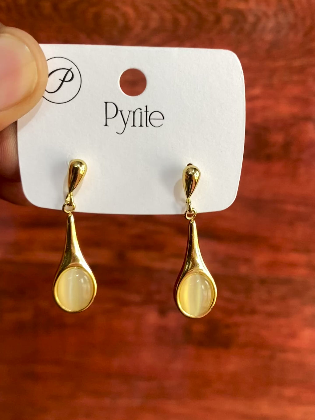Golden Teardrop Cat’s Eye Stone Drop Earrings | Elegant Minimalist Gold-Plated Earrings for Women