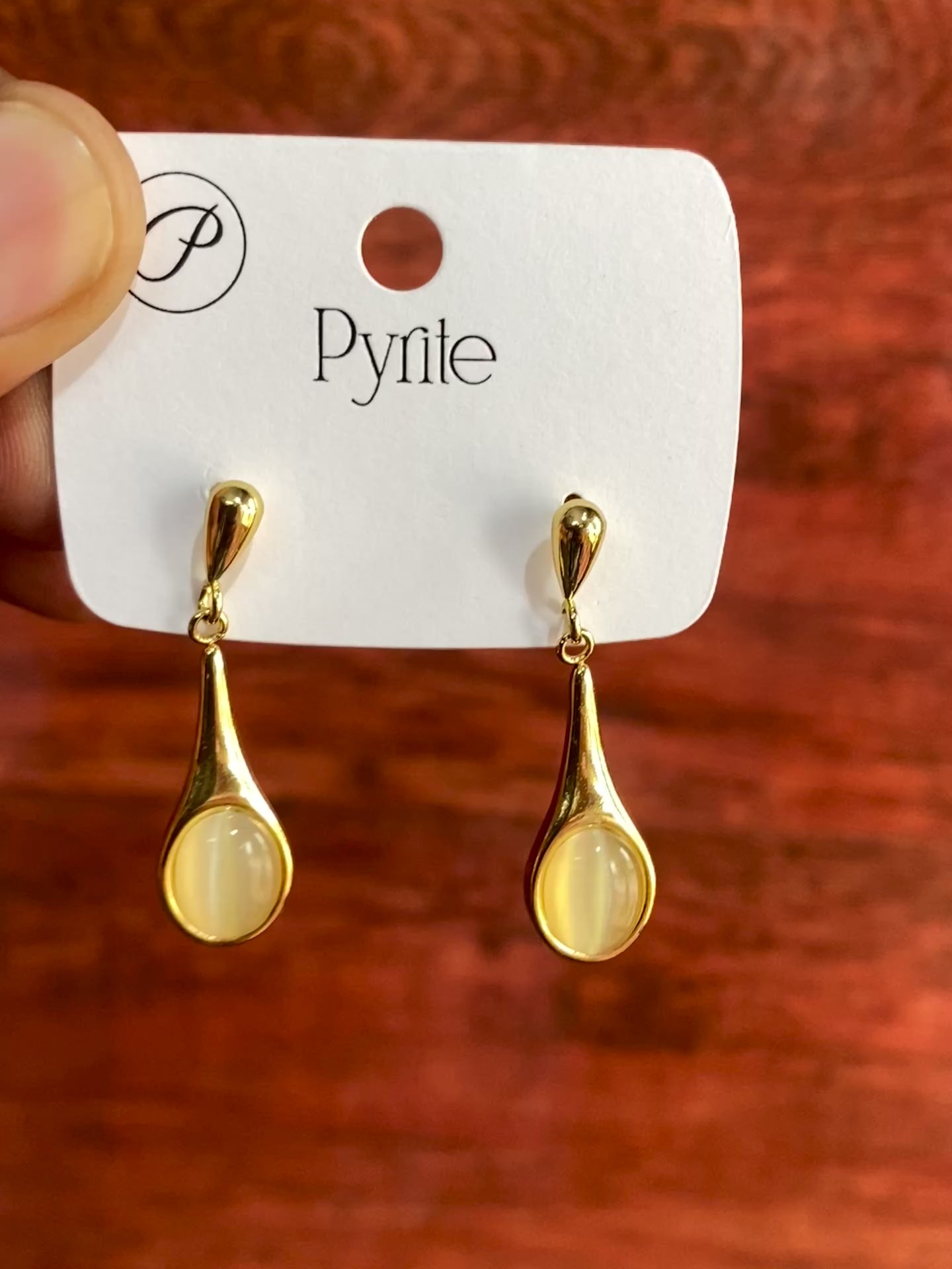 Golden Teardrop Cat’s Eye Stone Drop Earrings | Elegant Minimalist Gold-Plated Earrings for Women