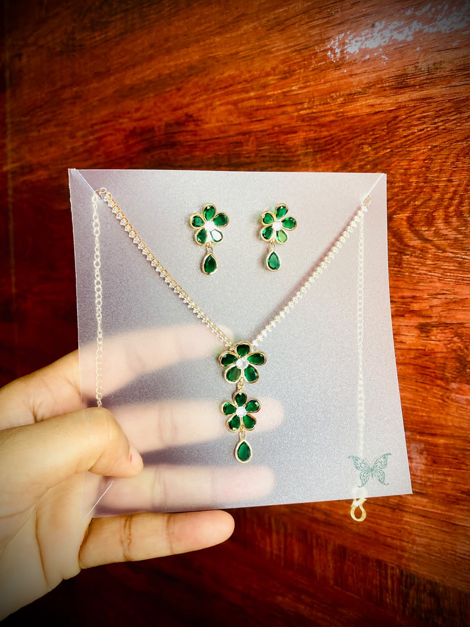 Emerald Blossom Crystal Necklace & Earrings Set